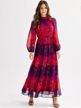Maison Tara Vibrant Floral Tiered Chiffon Maxi Dress - Size 16